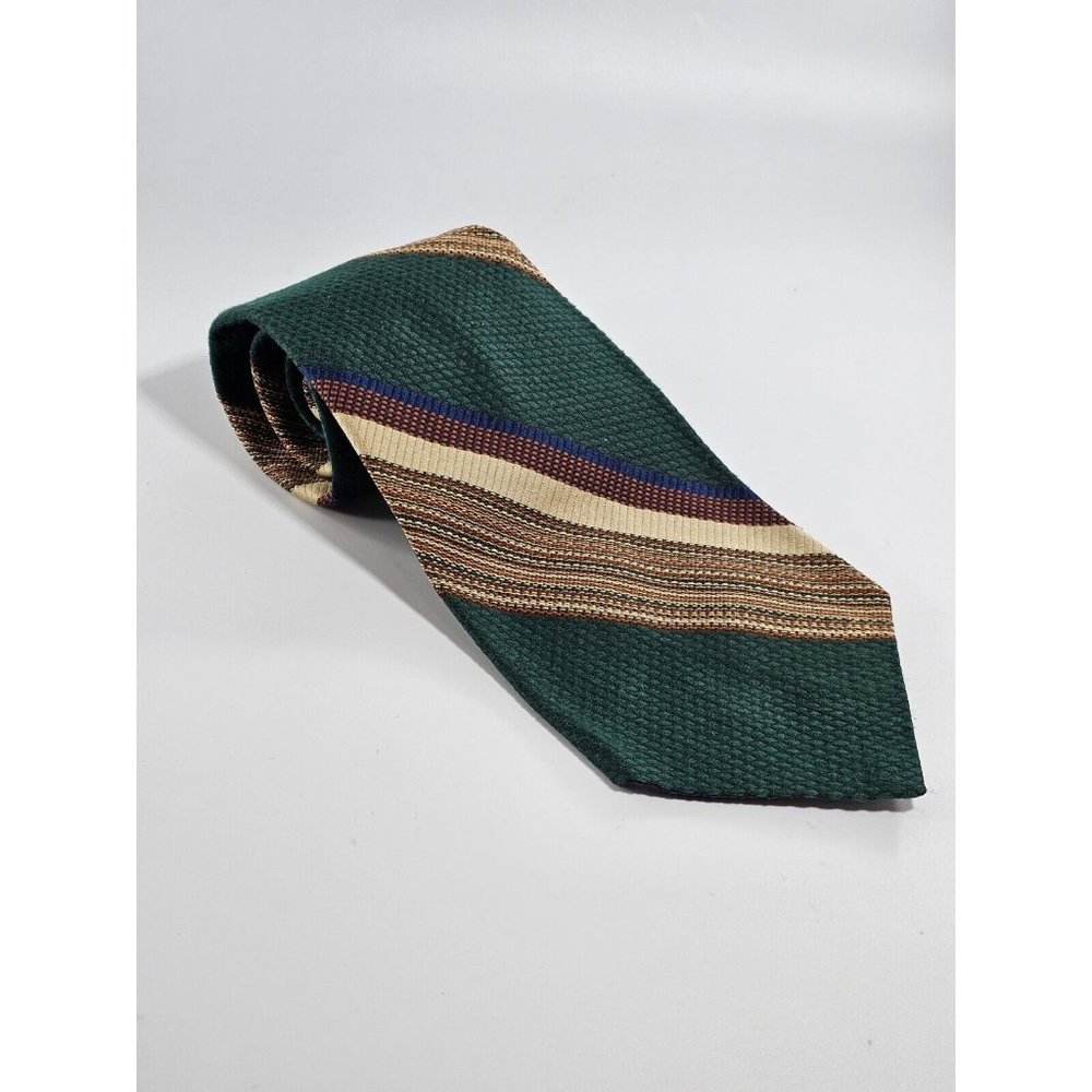 Don Loper VTG Green Navy Tan 60s 70s  Stripe Poly Neck Tie 54" x 4.5"